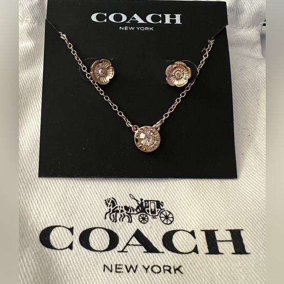 NWOT Coach Signature Stone Tea Rose Earring Studs Necklace 3-Piece Jewelry Set - Picture 4 of 6